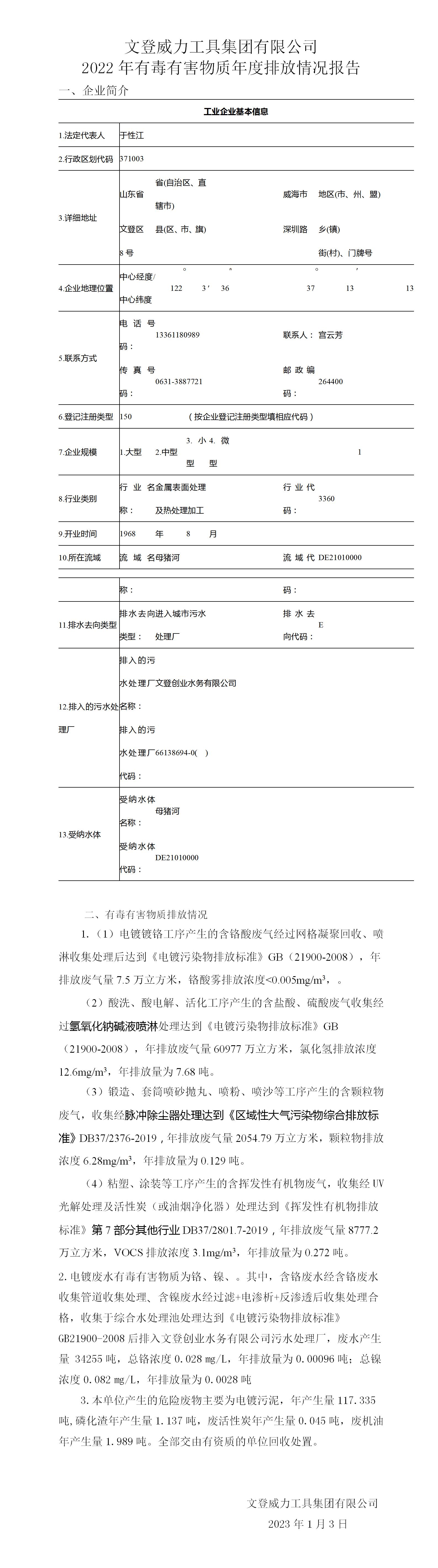 亚星游戏官网-www.yaxin222.com
有限公司2022年有毒有害物质年度排放情况报告